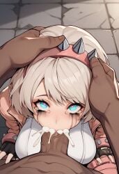 1boy 1girls ahoge ai_generated big_penis blue_eyes civitai cum cum_in_mouth cyan_eyes dark-skinned_male dark_skin deep_blowjob deepthroat elphelt_valentine eye_contact face_fucking female fingerless_gloves gag gagging guilty_gear guilty_gear_strive happy head_grab headband headwear heart-shaped_pupils interracial irrumatio jacket kneeling large_breasts large_penis leather_jacket nagoriyuki open_mouth oral pleasure_face pov ruined_makeup runny_makeup short_hair spiked_bracelet spiked_collar spiked_headband tears tight_throat veiny_penis white_hair