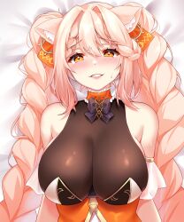 animal_ear_fluff animal_ears bangs bare_shoulders blonde_hair blush bow braid breasts cat_ears cleavage ebiko_(vtuber) female hair_between_eyes large_breasts long_hair looking_at_viewer lying on_back orange_eyes parted_lips pink_hair smile solo twin_braids twintails upper_body virtual_youtuber