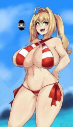 background beach big_breasts bikini bikini_top blonde_hair fate_(series) female_only green_eyes nero_claudius_(fate) nero_claudius_(swimsuit_caster) taigerarts umu