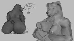 absurd_res anthro ass bear big_breasts big_butt blush bodily_fluids breastfeeding breasts closed_eyes cum doctordj duo facesitting female genital_fluids gesture grey_background hand_gesture handjob hi_res human male mammal monochrome penile sex simple_background sitting_on_another slightly_chubby smile text thumbs_up