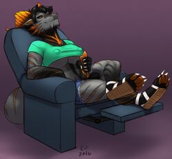 1futa anthro blackmist333 chair claws clothing dragon footwear futa_only futanari gradient herm horn intersex masturbation mosa pawpads paws penis recliner sandals shirt shorts simple_background solo solo_futa t-shirt