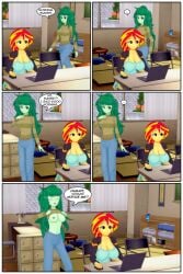 2girls bare_breasts breasts clothed clothing english_text equestria_girls exibitionism flashing flashing_breasts my_little_pony no_bra oblivious small_breasts sunset_shimmer text wallflower_blush_(eg)