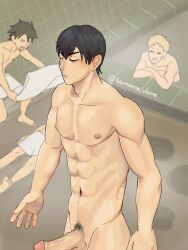 black_hair blonde_hair boner haikyuu!! hot_spring male_only muscles pecs shoyo_hinata six_pack terrance_vloire tobio_kageyama tsukishima_kei volleyball yamaguchi_tadashi