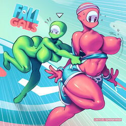 2girls 4_fingers anthro anthrofied areolae ass belly belly_button big_ass big_breasts big_butt bouncing_breasts breasts butt cleavage clothed clothes clothing erect_nipples eyelashes eyes_closed fall_gal fall_gals fall_guy fall_guys female female_only green_body green_skin hips huge_ass huge_breasts huge_butt humanoid large_ass large_breasts large_butt naked navel nipple_bulge nipples nude nude_female nudity red_body red_skin shorts sneakers supersatanson surprised sweat sweating text thick thick_ass thick_thighs thighs undressing url voluptuous watermark wide_hips yuri