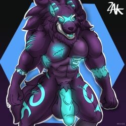 1:1 anthro balls blue_eyes blue_penis canid canine canis genitals hi_res kindred league_of_legends male mammal muscular muscular_male penis purple_body riot_games scar solo wolf wolf_(league_of_legends) zak_hitsuji