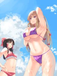 2girls absurdres alternate_costume arm_up armpits bikini black_eyes black_hair blonde_hair blue_sky blush bow breasts cloud commentary_request cowboy_shot day doitsuudon expressionless frilled_bikini frilled_hair_tubes frills gluteal_fold hair_tubes hairbow hakurei_reimu hand_in_own_hair hand_on_breast hand_on_own_hip highres large_breasts long_hair looking_at_viewer looking_down looking_to_the_side medium_breasts medium_hair multiple_girls navel o-ring o-ring_bottom outdoors parted_bangs parted_lips perspective pink_lips purple_bikini purple_eyes red_bikini reimu_hakurei shiny_clothes shiny_skin sidelocks sky smile stomach summer swimsuit thighs thong_bikini toned touhou upper_body very_long_hair wet yakumo_yukari yukari_yakumo