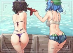 2girls ass back back_tattoo bare_legs bare_shoulders bikini black_hair blue_hair butt_crack commentary cucumber day double_bun from_behind geta green_hat hair_bobbles hair_bun hair_ornament hat hatate_himekaidou hater_(hatater) highres himekaidou_hatate kawashiro_nitori multiple_girls nitori_kawashiro outdoors pocket purple_bikini sandals short_hair short_shorts shorts summer swimsuit tank_top tattoo tengu-geta thigh_gap thighs thong thong_bikini touhou tramp_stamp two_side_up viewfinder water wet