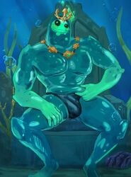 1boy 2024 blue_body blush bubble bulge chair crown epic_games fortnite front_view furniture goo_creature goo_humanoid hi_res humanoid hunkingtonso male male_only masculine necklace pecs poseidon_(fortnite) rippley seaweed sitting solo speedo spread_legs spreading topless underwater underwear