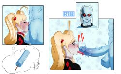 1boy 1girls 2d batman_(series) blonde_hair blowjob blue_skin bunbunmuffinart bunbunmuffins dc dc_comics fanart harley_quinn long_hair mr._freeze red_eyes twintails victor_fries