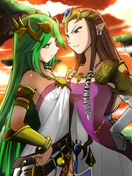 2girls angry bare_shoulders blue_eyes breast_press breasts brown_hair cloud company_connection competition crossover dress earrings eichi1219 elbow_gloves eye_contact face-to-face female_only floating_island fully_clothed glaring gloves green_eyes green_hair hand_on_hip hourglass_figure jewelry kid_icarus kid_icarus_uprising light-skinned_female light_skin long_hair looking_at_another low-tied_long_hair multiple_girls necklace nintendo palutena pauldrons pointy_ears princess_zelda slender small_breasts strapless strapless_dress sunset super_smash_bros. super_smash_bros._for_nintendo_3ds_and_wii_u symmetrical_docking the_legend_of_zelda tiara tied_hair twilight_princess very_long_hair white_gloves zelda_(twilight_princess)