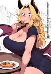 ai_generated blonde_hair breast breasts curvy eating ex-ragnarokknight large_breasts legs lips manticore monster_girl taller_girl tan_skin