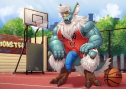 1_eye alien anthro ball balls basketball basketball_(ball) basketball_court basketball_hoop basketball_uniform big_muscles big_penis blue_body bodily_fluids claws clothed clothing crouching cyclops ear_piercing echo_(doubleecho) genital_fluids genitals graffiti hair hi_res huge_cock huge_muscles humanoid hyper hyper_genitalia hyper_muscles hyper_penis inner_ear_fluff jersey knot leg_tuft macro male muscular muscular_male neck_tuft open_mouth penis piercing precum primodrago public public_nudity shirt solo sportswear tank_top toe_claws topwear tuft tusks uniform unusual_anatomy wardrobe_malfunction white_hair yellow_eyes