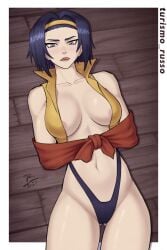 1girls bondage bound braless busty cowboy_bebop faye_valentine female female_only femsub fully_clothed human open_mouth partially_clothed revealing_clothes skimpy_clothes solo solo_female thighs turismo_russo white_background white_border