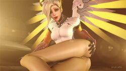 3d angel animated anus ass blonde_hair bruh-sfm butt clitoris curvy female hips legs lips make_up mercy no_sound nude overwatch slap solo source_filmmaker spanking vagina video