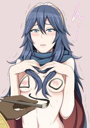 blue_eyes blue_hair breasts cape fire_emblem fire_emblem_awakening functionally_nude long_hair lucina_(fire_emblem) nipples paint painting robin_(fire_emblem) robin_(fire_emblem)_(male) small_breasts sweat tiara trembling umayahara0130