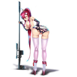 anti-materiel_rifle ass astdevir breasts brown_eyes elbow_gloves female female fingerless_gloves gloves gun hair_ornament high_heel_boots large_breasts long_hair looking_at_viewer looking_back nipples pink_legwear pink_thighhighs ponytail pussy red_hair rifle shiny shiny_skin short_shorts shorts sideboob simple_background sniper_rifle solo standing tengen_toppa_gurren_lagann thighhighs tied_hair topless torn_clothes torn_shorts weapon white_background yoko_littner