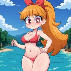 1girls ai_generated big_bow big_breasts bikini blossom_(powerpuff_girls) blue_sky blush bow breasts cats62 cleavage female_only hair_bow hand_on_hip hand_on_own_hip heart large_breasts light-skinned_female light_skin long_hair looking_at_viewer navel orange_hair ponytail powerpuff_girls red_bikini red_eyes skindentation sky smile smiling_at_viewer solo solo_female standing thighs watermark