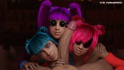 1boy 3d 3d_(artwork) 3girls bangs bare_shoulders belly_button big_penis blue_hair blue_moon_(cyberpunk_2077) bracelet bracelets cd_projekt_red cfnm clothed clothed_female_nude_male clothing cock_hungry cock_worship collar collarbone colored cybernetic_eye cybernetics cyberpunk_2077 cyberware detailed_background eye_contact face_on_penis fffm_foursome glans hand_on_another's_shoulder hand_on_another's_thigh hand_on_penis hand_on_shoulder hand_on_thigh hi_res highres holding holding_penis huge_cock indoor indoors inside large_penis light-skinned_female light-skinned_male light_skin looking_at_partner looking_at_viewer male male/female male_pov multiple_females multiple_girls navel nude nude_male nude_male_clothed_female parted_lips penis penis_awe penis_grab penis_on_face penis_out pov pov_eye_contact purple_force_(cyberpunk_2077) purple_hair red_hair red_menace_(cyberpunk_2077) spiked_bracelet spiked_collar straight straight_hair teeth teeth_showing teeth_visible the_firebrand tied_hair twin_buns twintails us_cracks veiny_penis