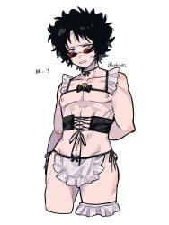 alternate_costume apron black_hair blue_eyes crossdressing embarrassed gintama maid_uniform male male_only masculine_crossdresser mukai00_2 nipples pale-skinned_male pale_skin revealing_clothes sakamoto_tatsuma skimpy skimpy_clothes solo sunglasses waist_apron