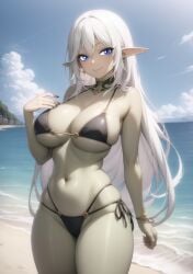 1girls ai_generated basketmuffin beach big_breasts bikini black_bikini black_swimwear blue_eyes breasts female female_only goblin goblin_female navel pointy_ears seaside solo solo_female swimwear very_long_hair white_hair