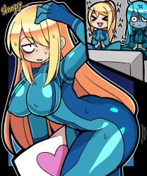 2girls alternate_hairstyle big_breasts blonde_hair blue_hair breasts controller dark_samus female female_only gaming hair_down heart_pillow iriomote_umineko looking_at_viewer metroid nintendo pillow samus_aran thick_thighs thighs tight_clothing zero_suit zero_suit_dark_samus zero_suit_samus