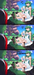 1girls 2d 2d_(artwork) anon cum_on_sandals dirty_talk_during_footjob feet female female_on_top flip_flops footjob green_hair green_penis light-skinned_female light_skin male male/female mr.sir_69 personification picnic rule_34-tan rule_34_(booru) sandaljob sandals self_upload site-tan suit upset