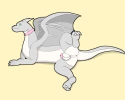 absurd_res anus ass balls chastity_cage chastity_device collar dragon feral genitals hi_res horn lying male mythological_creature mythological_scalie mythology on_side onesaucydragon paws presenting raised_leg scalie simple_background solo tail wings