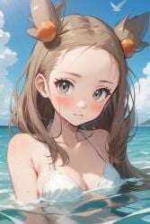 ai_generated beach bikini blush gym_leader jasmine_(pokemon) jasmineolivine looking_at_viewer partially_submerged pokemon small_breasts suggestive suggestive_look white_bikini