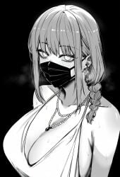 1girls bare_shoulders big_breasts black_and_white blush blushing braid braided_hair breath busty chainsaw_man clevage dress earrings elegant elegant_dress face_mask female female_only huge_breasts jewelry large_breasts makima_(chainsaw_man) mask masked masked_female masoq095 milf monochrome revealing_clothes revealing_dress shounen_jump spiral_eyes steam steamy_breath sweat sweating sweaty