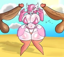 3_fingers anthro astil_(nikuzi) beach big_breasts big_penis bikini breasts clothing female fingers gardevoir generation_3_pokemon genitals group hair huge_cock legwear male nintendo penis pink_hair pokemon pokemon_(species) stockings swimwear thick_thighs thong trio underwear unknown_artist white_body