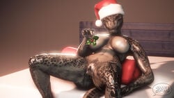 2016 3d anthro argonian ass big_butt black_scales breasts female hat holidays inviting jojje mistletoe nude plant presenting presenting_pussy pussy scales scalie source_filmmaker the_elder_scrolls video_games