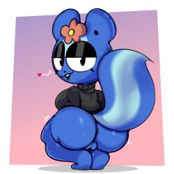 accessory anthro ass big_butt black_eyes blue_body breasts butt clothing female flower flower_in_hair genitals hair hair_accessory happy_tree_friends heart_symbol hi_res mammal mephitid petunia_(htf) plant pussy short_stack simple_background skunk solo squashortstacks sweater tail thick_thighs topwear