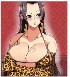 arms_crossed arms_under_breasts big_breasts bikini black_hair blue_eyes blush boa_hancock breasts_bigger_than_head cute earrings female female_only gloves huge_breasts imminent_sex leopard_print leopard_print_bikini leopard_spots long_hair looking_away nervous one_piece qdoujin