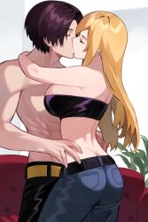 ai_generated ai_hands bonne_jenet fatal_fury garou:_mark_of_the_wolves half_naked half_nude hugging jeans jennie_behrn king_of_fighters kissing kyo_kusanagi tagme