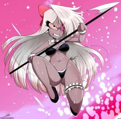 1girls angry bikini blush breasts female hazbin_hotel maid maid_bikini maid_uniform medium_breasts nipple_bulge nipples_visible_through_clothing red_sclera solo solo_female spear sweat the-butch-x thick_thighs thighs vaggie_(hazbin_hotel) weapon white_hair wide_hips yellow_eyes