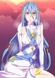 azura_(fire_emblem) blue_hair breasts cum cum_on_upper_body dress facial fire_emblem fire_emblem_fates long_hair looking_at_viewer necklace small_breasts umayahara0130 veil yellow_eyes