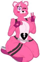 bear bear_ears big_ass big_breasts blush boots cuddle_team_leader epic_games fortnite fur gloves heart heterochromia hips pink_body pink_fur sitting solo tongue_out