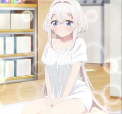 angel angel_girl big_breasts blue_eyes blush covering_crotch eyebrows_visible_through_hair female female_only long_hair one_room_hiatari_futsuu_tenshi-tsuki screencap screenshot shirt sitting stitched studio_apartment,_good_lighting,_angel_included towa_(one_room_hiatari_futsuu_tenshi-tsuki) very_long_hair white_hair