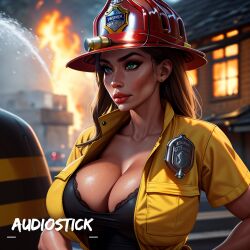 ai_generated audiostick badge black_tank_top blush breasts brown_hair bursting_breasts cleavage collarbone collared_shirt detailed detailed_background determined earring eyelashes eyeliner fire fire_fighter firefighter firefighter_uniform hi_res high_resolution highres house_fire huge_breasts large_breasts lipstick multicolored_eyes stable_diffusion sweat tank_top water watermark window yellow_jacket