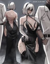 1boy 1girls aelion_draws back bare_back blindfold breasts cleavage dark-skinned_male dress female female_focus large_breasts modakawa_dress nier:_automata queen_of_spades thighhighs thighs white_hair wide_hips yorha_2b