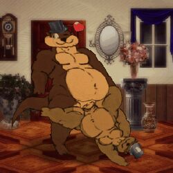 age_difference ancient animated anthro belly cum cuntboy fur heart intersex male mammal monochrome mustelid otter overweight raccoon rzrcoon sepia