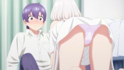 angel angel_girl big_breasts blue_eyes blush covered_pussy eyebrows_visible_through_hair female long_hair looking_at_another male one_room_hiatari_futsuu_tenshi-tsuki panties purple_hair shirt short_hair studio_apartment,_good_lighting,_angel_included thighs tokumitsu_shintarou towa_(one_room_hiatari_futsuu_tenshi-tsuki) very_long_hair white_hair