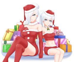 2girls artist_name bell_collar belly_button blue_eyes boob_tube christmas christmas_hat cslucaris dress elbow_gloves eyebrows_visible_through_hair female_only fur_collar fur_trim_(clothing) hat looking_at_viewer minidress miniskirt multiple_girls older_sister_younger_sister ponytail presents red_clothing rwby santa_costume santa_hat silver_hair sisters skirt strapless_dress strapless_top tagme thighhighs weiss_schnee winter_schnee