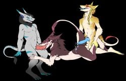 bodily_fluids breasts closed_eyes cum ejaculation fellatio female furry genital_fluids group king_chulapa knot looking_pleasured male male/female open_mouth oral penile sergal sex side_boob side_view spitroast tail tail_tuft tongue tongue_out trio tuft tympaniticus