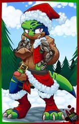 amuzoreh anthro balls blue_scales brown_belly christmas clothing dinosaur erection green_scales hat holidays legwear male multicolored_scales outside penis pink_eyes santa_hat scales scalie smile snow teeth tree uncut vertinand_the_tyrannosaurus_rex