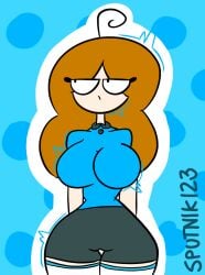 1girls alternate_breast_size alternate_thigh_size bad_anatomy blue_background british british_female brown_hair button camel_toe cameltoe candyevie eyelashes eyes_half_open grey_skirt luvie no_shading real_person simple_background sputnik123 stockings stockings_thigh_highs storytime_animation traced traced_art youtube youtuber youtuber_girl