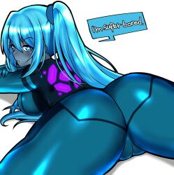 1girls ass ass_focus big_ass blue_eyes blue_hair dark-skinned_female dark_samus dark_skin english_text female female_only iriomote_umineko looking_at_viewer looking_back metroid nintendo solo speech_bubble text tight_clothing zero_suit_dark_samus