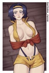 1girls bondage bound braless busty cowboy_bebop faye_valentine female female_only femsub fully_clothed human partially_clothed revealing_clothes skimpy_clothes solo solo_female thighs turismo_russo white_background white_border