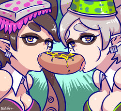 2girls akairiot black_hair breasts brown_eyes callie_(splatoon) cleavage cousins cute_fang detached_collar earrings food food_on_head fully_clothed green_background hot_dog jewelry marie_(splatoon) mole mole_under_eye multiple_girls nintendo object_on_head phallic_symbol pointy_ears sexually_suggestive shared_food simple_background splatoon squid_sisters sushi symmetry tentacle tentacle_hair white_hair