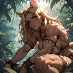 ai_generated blonde_female blonde_hair blue_eyes cat_ears catgirl eogard_orc jungle muscular muscular_female original_character scars_on_body self_upload squatting stable_diffusion tan_body tribal tribal_clothing